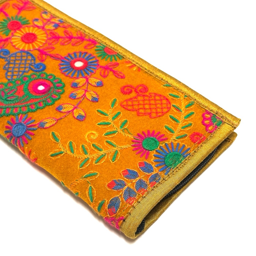 Embroidered Orange Floral Clutch Wallet